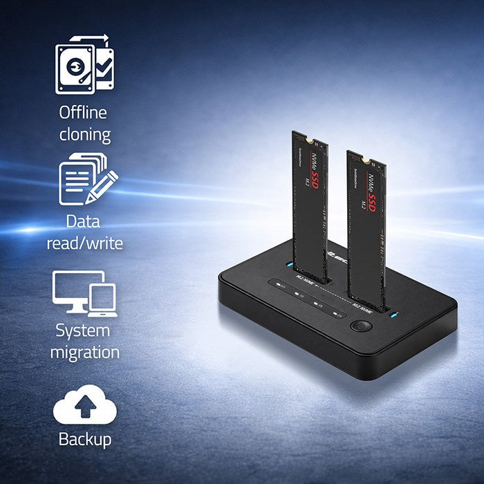 Qoltec 52366 M.2 NVMe SSD Docking Station | PCIe | USB-C | 20 Gb/s | DUAL 2 x 8TB | Offline cloning