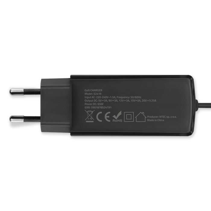 Qoltec 52419 65W GaN Super Fast Charger| 5-20V | 3-3.25A | USB-C 3.1