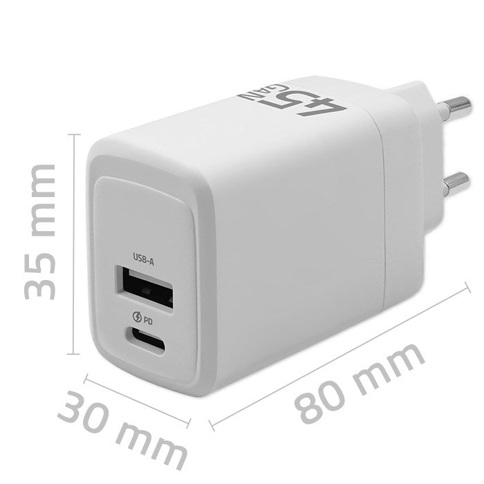 Qoltec 51825 GaN 45W charger| 5-20V | 1.5-3A | 1 x USB-C PD | 1x USB QC 3.0 | White
