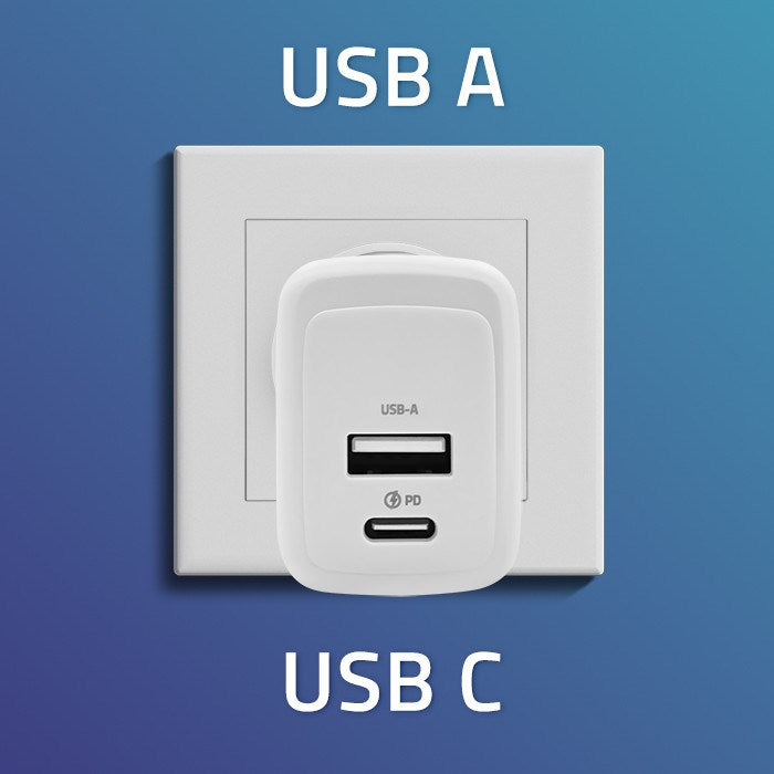 Qoltec 51825 GaN 45W charger| 5-20V | 1.5-3A | 1 x USB-C PD | 1x USB QC 3.0 | White