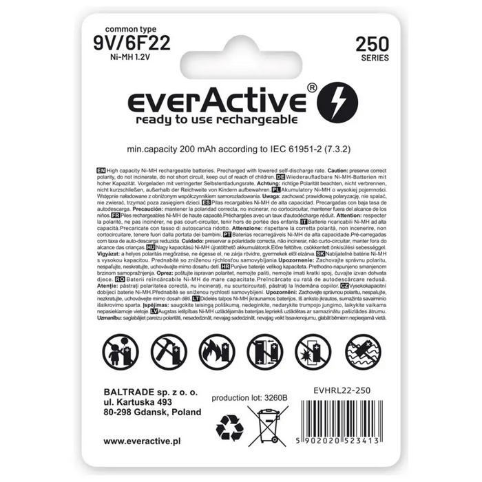 Rechargeable batteries everActive Ni-MH 6F22 9V 250 mAh Silver Line - Rechargeable batteriesBAL-AKM<<<batteries