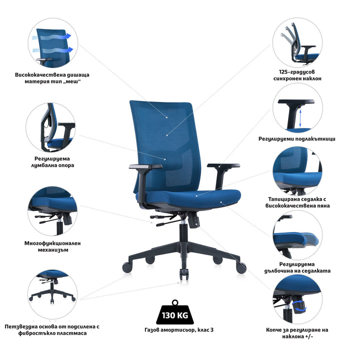 RFG Ergonomic chair Snow Black W, dark blue seat, dark blue backrest