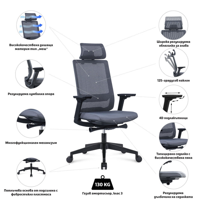 RFG Meteor X Black HB ergonomic chair, gray seat, gray back