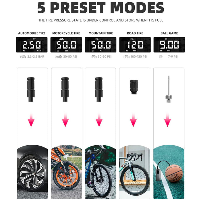 Rockbros 42720001001 Electric Bike Pump with LED Display + USB-C - USB-A Cable - Black