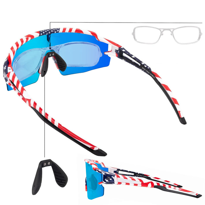 Rockbros Polarized Cycling Glasses with UV Protection and Corrective Insert Blue Lenses - USA Pattern - White