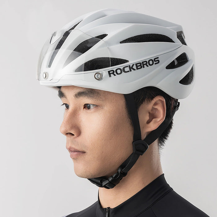 Rockbros Bike Helmet with Visor, Detachable UV Protective Goggles, Unisex, Matte - White