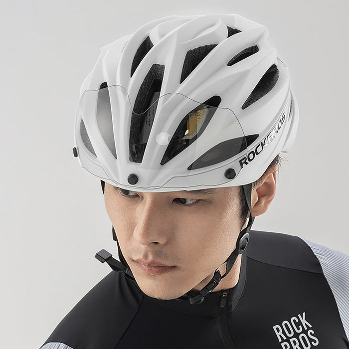 Rockbros Bike Helmet with Visor, Detachable UV Protective Goggles, Unisex, Matte - White