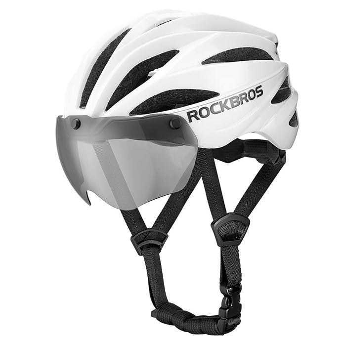 Rockbros Bike Helmet with Visor, Detachable UV Goggles, Unisex, Glossy - White
