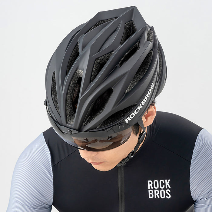 Rockbros Bike Helmet with Visor, Detachable UV Protective Goggles, Unisex - Black/Brown