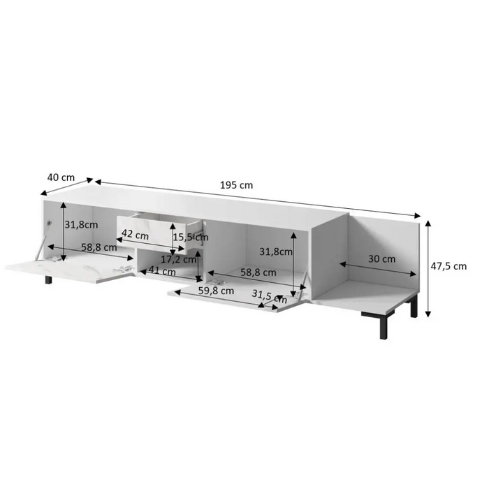 RTV cabinet MARMO 2D1S1K 195x40x47.5 cm black matt/marble black - TV cabinets made of furniture boardSTV-ZPM<<<TV