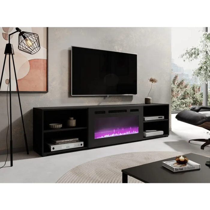 RTV cabinet POLO 200x33x50.5 black + fireplace black - TV cabinets made of furniture boardSTV-ZPM<<<TV