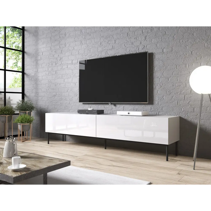 RTV SLIDE cabinet on black steel frame 200x40x50 cm all in gloss white - TV cabinets made of furniture