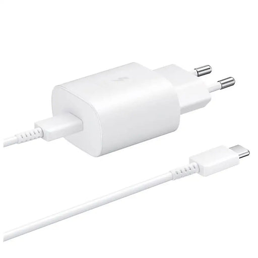Samsung 25W EP-TA800EWE USB-C wall charger with Samsung EP-DA705BWE USB-C / USB-C cable replacement packaging - white