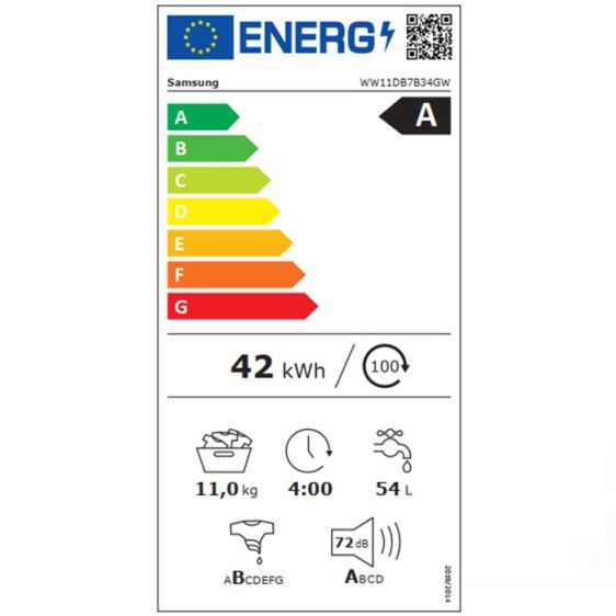 Washing machine SAMSUNG WW11DB7B34GWU4, 11 kg, SmartThings AI Energy, Eco Bubble, 1400 rpm.