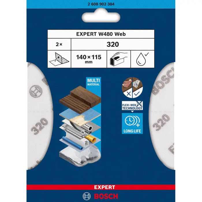 SANDING PAD 115X140 P320 2 PCS BOSCH EXPERT W480 - Шкурки за ръчно шлайфане<<<Консумативи за