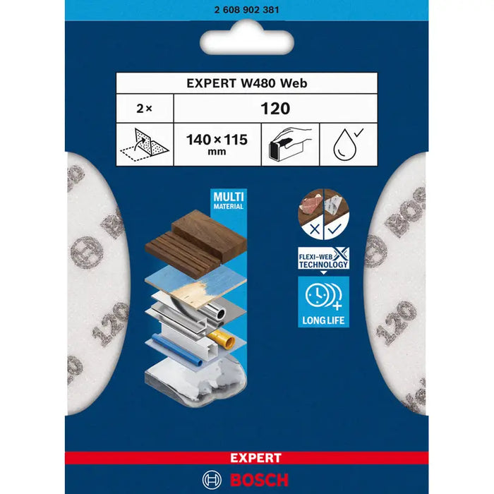SANDING PADS 115X140 P120 2 PCS BOSCH EXPERT W480 - Шкурки за ръчно шлайфане<<<Консумативи за