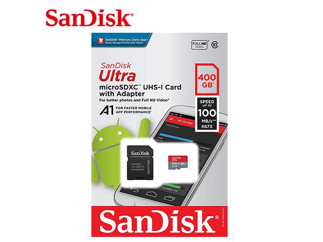 SanDisk Memory card Ultra microSDXC 400GB + SD Adapter + 98MB/s Class 10 UHS-I A1 - Карти памет<<<Фото и видео