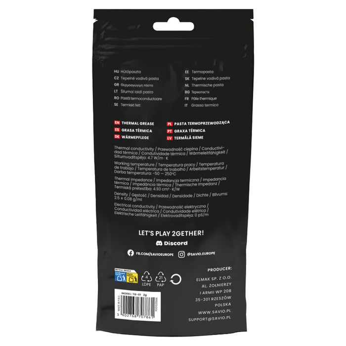Savio TG-01 2G heat sink compound Thermal paste 4.7 W/m·K