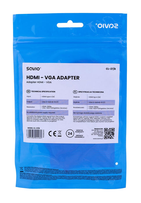 Savio CL-27B video cable adapter 0.1 m HDMI Type A (Standard) VGA (D-Sub) White