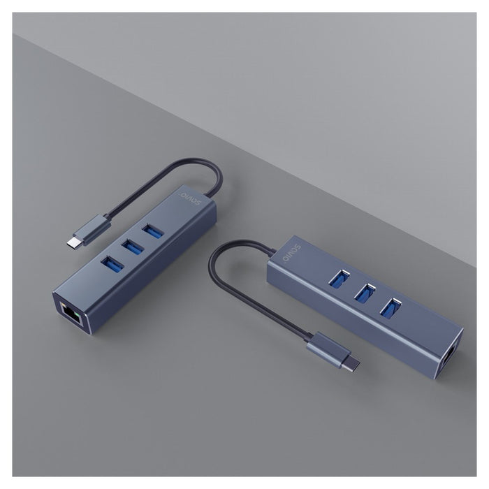 Savio AK-57 USB-C - 3 x USB-A HUB with RJ-45 Gigabit Ethernet adapter, 5000 Mbit/s, grey