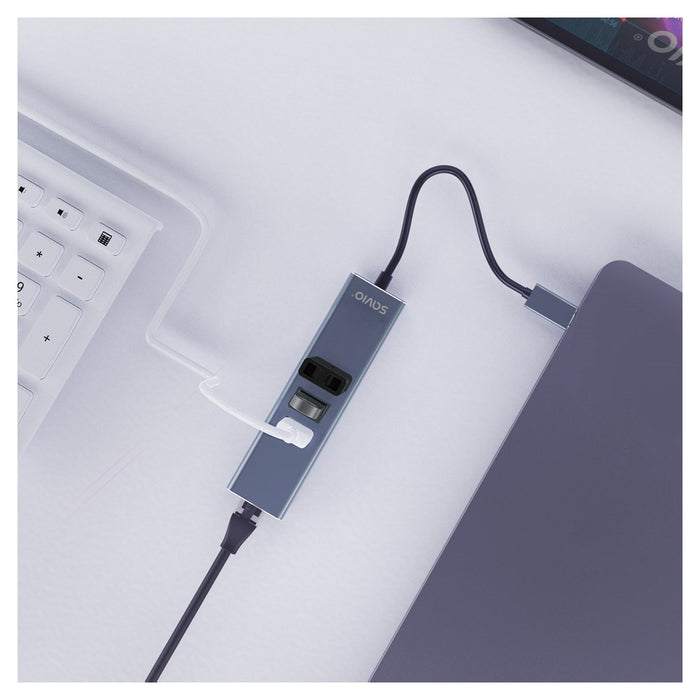 Savio AK-57 USB-A - 3 x USB-A HUB with RJ-45 Gigabit Ethernet adapter 5000 Mbit/s grey USB 3.2 Gen 1 (3.1 Gen 1) Micro-B 5000 Mbit/s Black