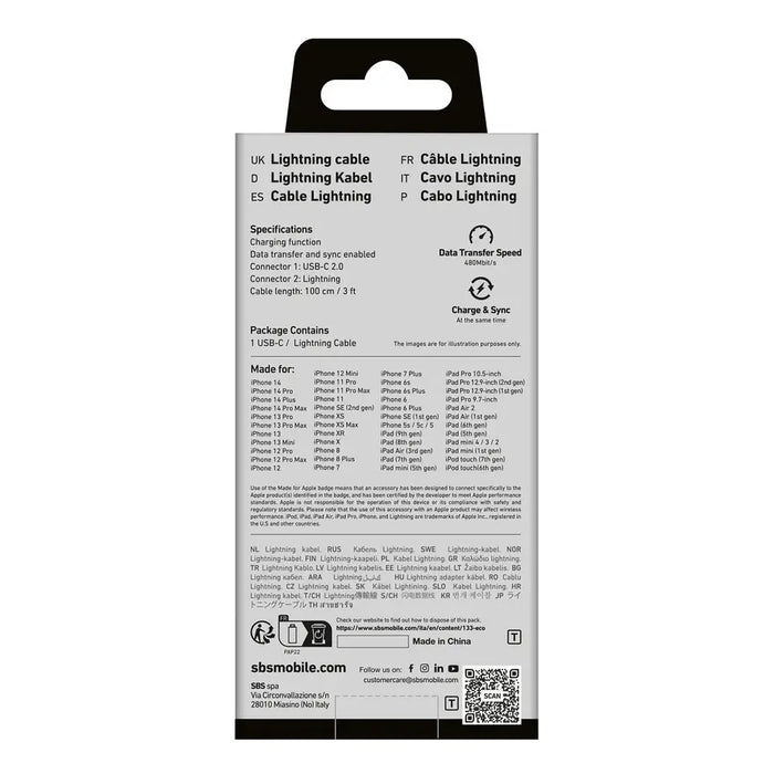 SBS TECABLELIGTC1W USB-C - Lightning Cable MFi Certified 1m - White - Cell phone cables<<<HurtelXML&&&Аксесоари за