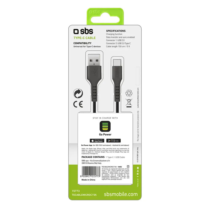 SBS TECABLEMICROC15K USB-A - USB-C Cable 1.5m - Black - Cell phone cables<<<HurtelXML&&&Аксесоари за