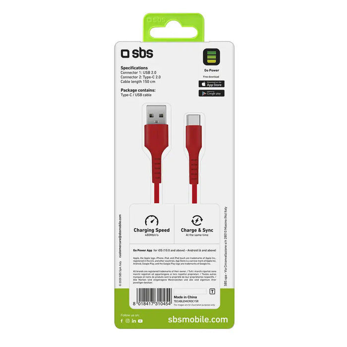 SBS TECABLEMICROC15R USB-A - USB-C Cable 1.5m - Red - Cell phone cables<<<HurtelXML