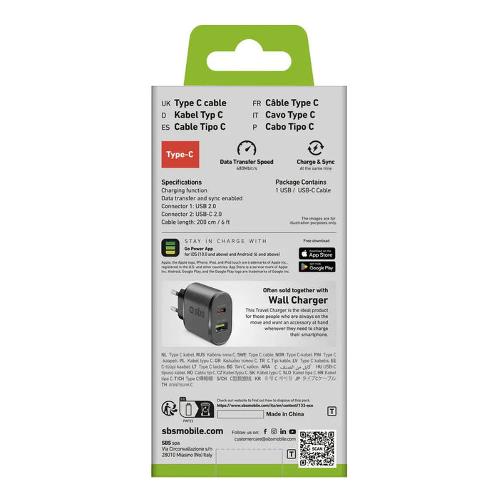 SBS TECABLETC220K USB-A - USB-C Cable 2 m - Black - Cell phone cables<<<HurtelXML