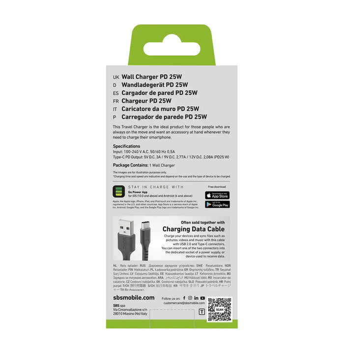 SBS TETR1CPD25 25W USB-C Wall Charger with Power Delivery - Black - Cell phone USB charger<<<HurtelXML&&&Аксесоари за