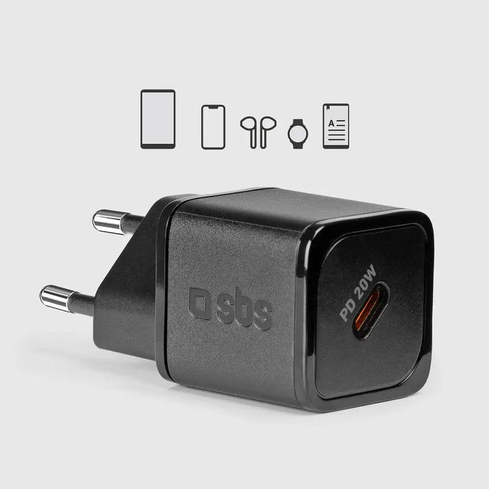 SBS TETRGAN1C20K 20W GaN USB-C Wall Charger with Power Delivery - Black - Cell phone USB