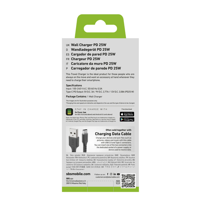 SBS TETR1CPD25 25W USB-C Wall Charger with Power Delivery - Black