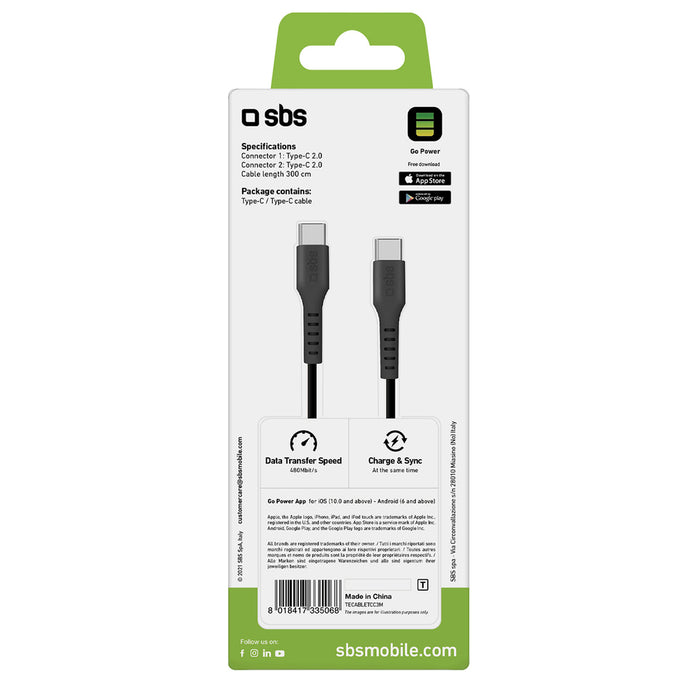 SBS TECABLETCC3M USB-C - USB-C 3m Cable - Black