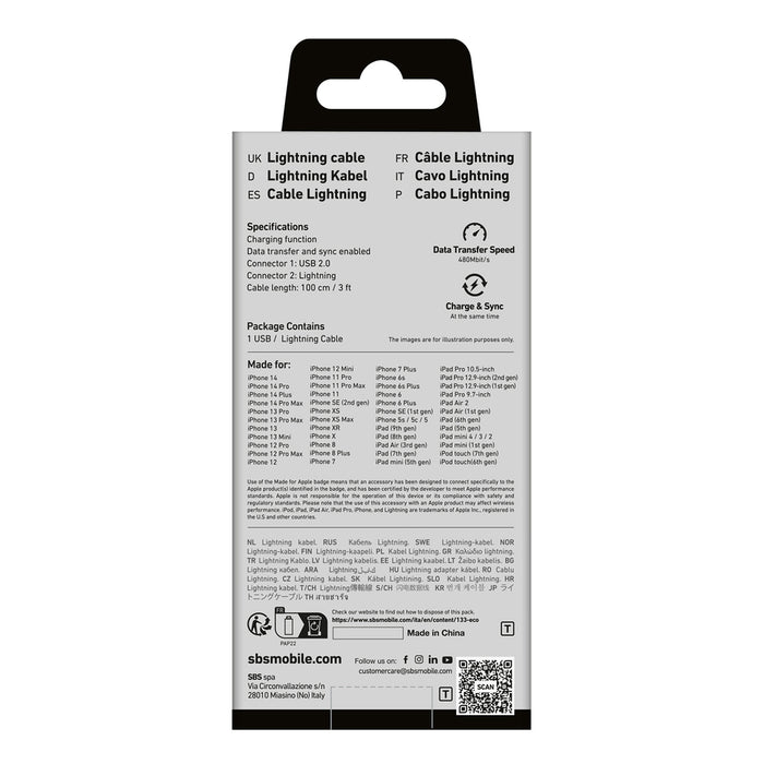 SBS TECABLEUSBIP589K USB-A - Lightning Cable 1m MFi Certified - Black