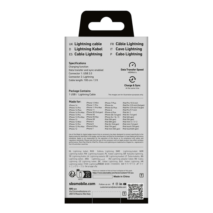 SBS TECABLEUSBIP589W USB-A - Lightning Cable - White