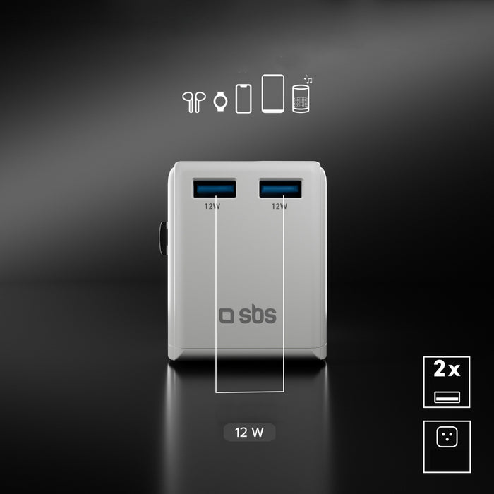 SBS universal travel adapter - EU 2xUSB-A - white