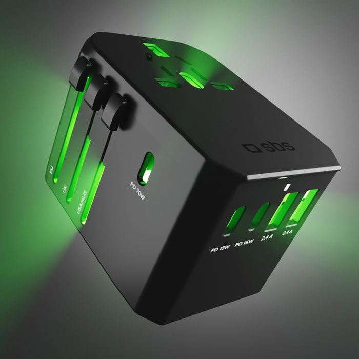 SBS Universal GaN Travel Adapter 70W 3xUSB-C 2xUSB-A with Case - Black