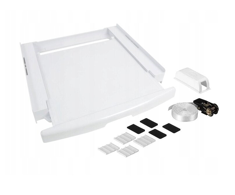 Washing machine and dryer stacking kit with drawer and strap, white