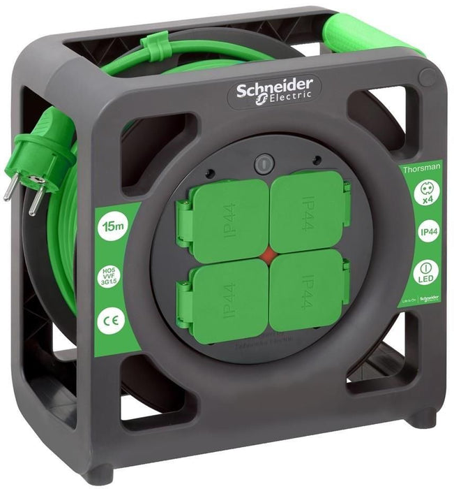 REEL EXTENSION 15M - G3X1.5MM2 - SCHNEIDER 4 SOCKETS WITH CHILD PROTECTION AND IP44