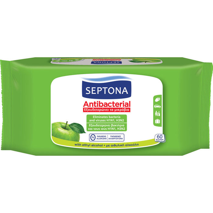 ANTIBACTERIAL WET TOWELS 60 PCS GREEN APPLE SEPTONA GREEN APPLE 60 PCS