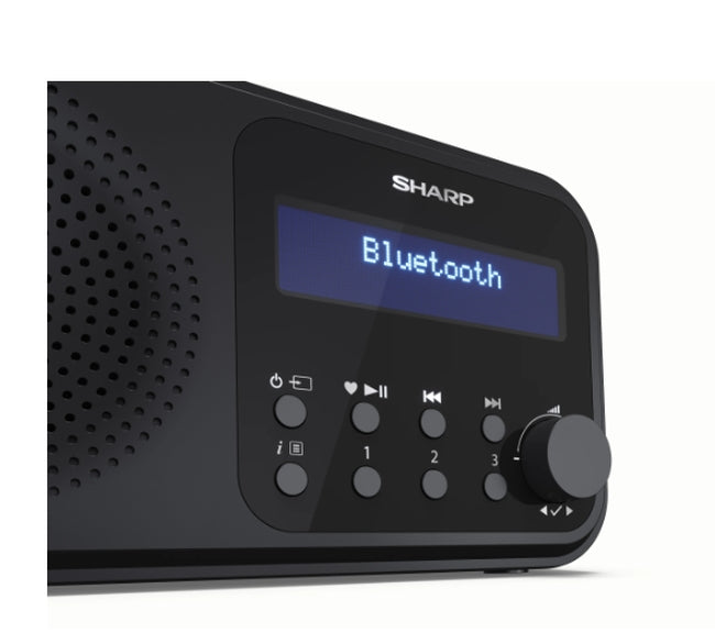 Sharp Radios DR-P420(BK), PORTABLE DIGITAL RADIO, Bluetooth 5.0, 20 DAB+/DAB/FM, Auto time/date, LCD Display, Dual alarm,Micro USB x1 (power supply),3.5mm Headphone jack / line-out, Black