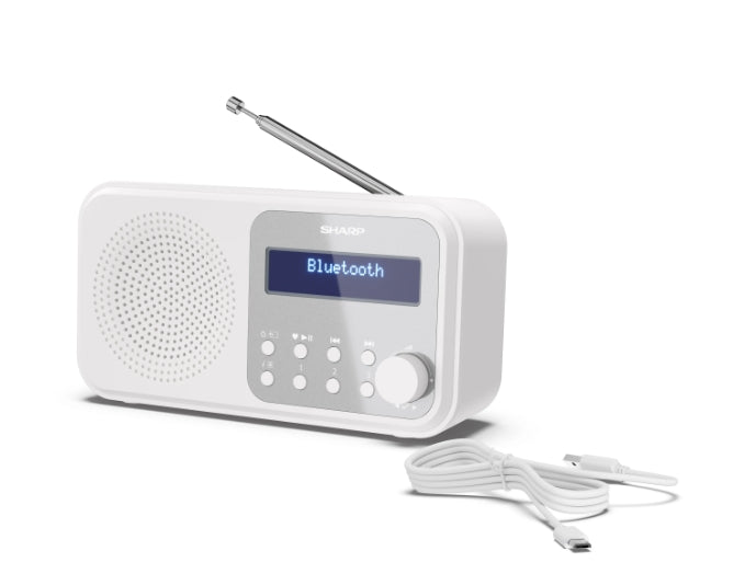 Sharp Radios DR-P420(WH), PORTABLE DIGITAL RADIO, Bluetooth 5.0, 20 DAB+/DAB/FM, Auto time/date, LCD Display, Dual alarm,Micro USB x1 (power supply),3.5mm Headphone jack / line-out, SNOWY WHITE
