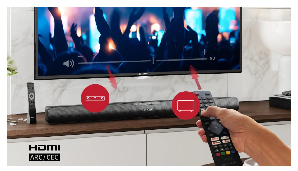 Sharp Soundbar HT-SB100, 75W 2.0 HDMI & BLUETOOTH, HDMI ARC/CEC, USB playback, 3.5mm Aux-in, Digital Optical Audio Input, Glossy black