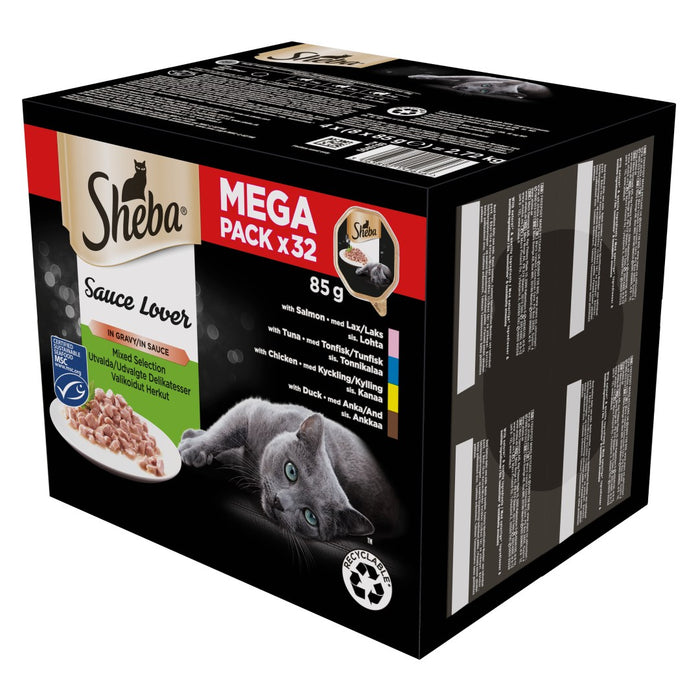 SHEBA Sauce Lover Duck, Chicken, Salmon, Tuna – wet cat food – 32 x 85g