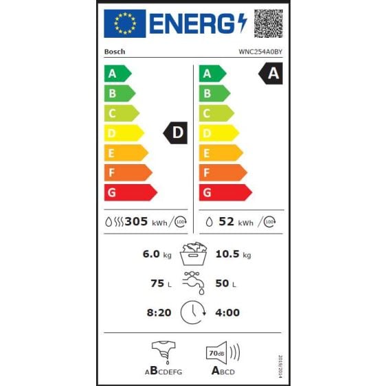 Washing machine with dryer BOSCH WNC254A0BY, 10.5/6 kg, i-DOS, 1400 rpm.