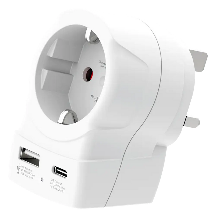 Skross universal adapter Europe to UK + 1 x USB A/C port, 20W 1500283E