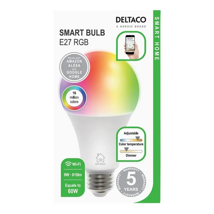 Smart RGB bulb DELTACO SH-LE27RGB E27 WiFI 2.4GHz 9W 810lm dimmable White - Крушки<<<Продукти за дома<<<ValiAPI&&&Умен