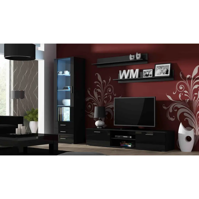 SOHO 1 furniture set (RTV180 cabinet + S1 cabinet + shelves) Black/Black gloss - Modern wall unitsMES-NOW<<<Wall