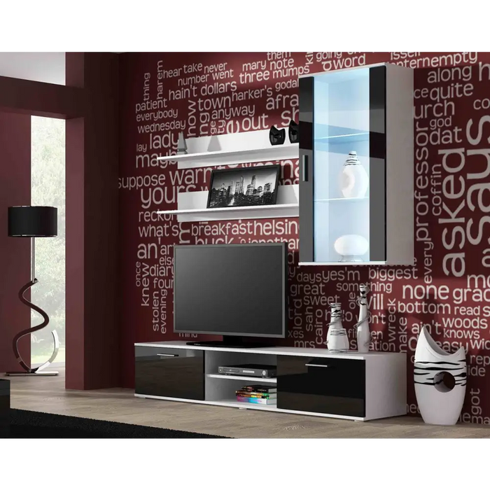 SOHO 5 set (TV180 cabinet + Wall unit + shelves) White/Black gloss - Modern wall unitsMES-NOW<<<Wall UnitsMES<<<ActionPL