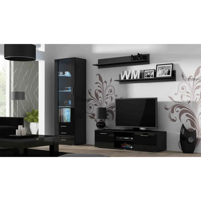 SOHO 7 set (RTV140 cabinet + S1 cabinet + shelves) Black / Black gloss - Modern wall unitsMES-NOW<<<Wall